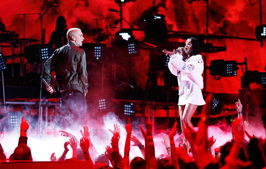 Eminem and Rihanna perform The Monster on stage during the 2014 MTV Movie Awards in Los Angeles