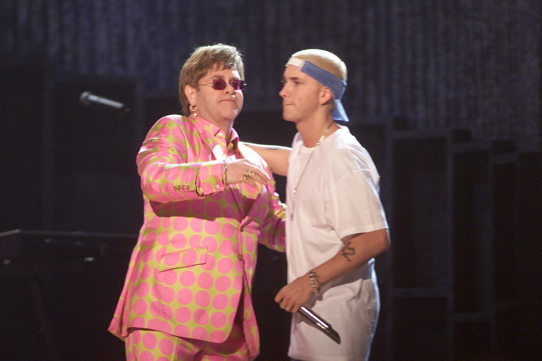LOS ANGELES, CALIFORNIA - FEBRUARY 21: Pop legend Elton John performs with rapper Eminem at the 43rd Grammy Awards on February 21, 2001 in Los Angeles, California, USA. Eminem was nominated in the catergory for Album of the Year and won three awards for Rap Solo Performance, Rap Performance by a Duo or Group and Rap Album. (Photo by Dave Hogan/Getty Images)
