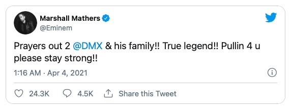 Eminem: "Prayers Out To DMX & His Family!! True Legend!! Please Stay Strong!!"