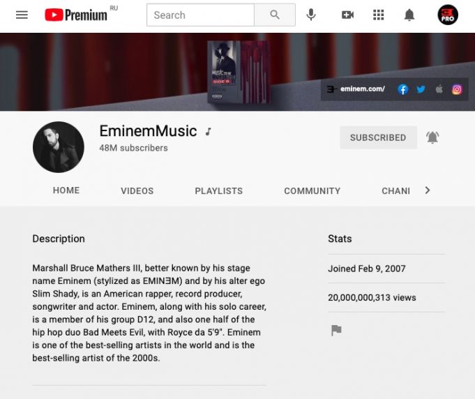Eminem YouTube Channel Surpassed 20 Billion Views