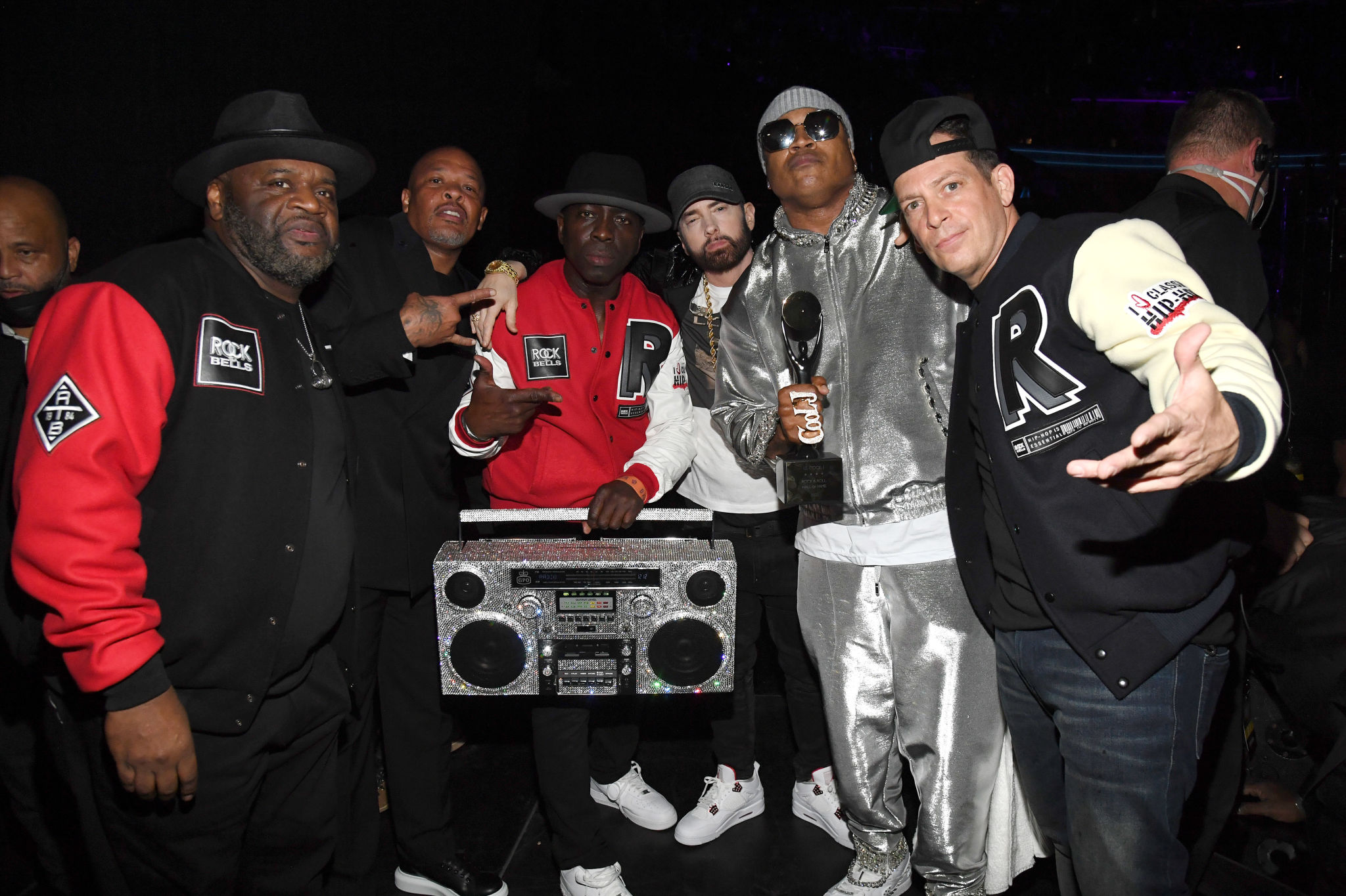 CLEVELAND, OHIO - OCTOBER 30: Cut Creator, Dr. Dre, E-Love, Eminem, LL Cool J and DJ Z-Trip pose backstage during the 36th Annual Rock & Roll Hall Of Fame Induction Ceremony at Rocket Mortgage Fieldhouse on October 30, 2021 in Cleveland, Ohio. (Photo by Kevin Mazur/Getty Images for The Rock and Roll Hall of Fame )