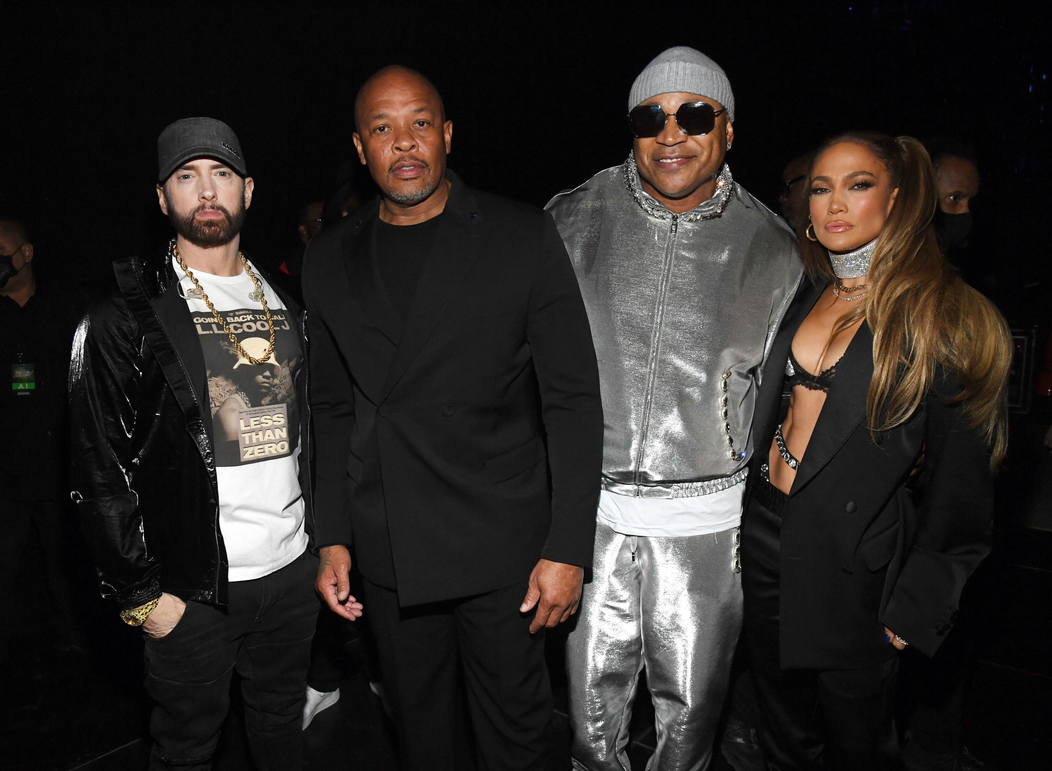 CLEVELAND, OHIO - OCTOBER 30: (L-R) Eminem, Dr. Dre, LL Cool J, and Jennifer Lopez pose backstage during the 36th Annual Rock & Roll Hall Of Fame Induction Ceremony at Rocket Mortgage Fieldhouse on October 30, 2021 in Cleveland, Ohio. (Photo by Kevin Mazur/Getty Images for The Rock and Roll Hall of Fame )