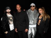 CLEVELAND, OHIO – OCTOBER 30: (L-R) Eminem, Dr. Dre, LL Cool J, and Jennifer Lopez pose backstage during the 36th Annual Rock & Roll Hall Of Fame Induction Ceremony at Rocket Mortgage Fieldhouse on October 30, 2021 in Cleveland, Ohio. (Photo by Kevin Mazur/Getty Images for The Rock and Roll Hall of Fame )