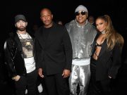 CLEVELAND, OHIO – OCTOBER 30: (L-R) Eminem, Dr. Dre, LL Cool J, and Jennifer Lopez pose backstage during the 36th Annual Rock & Roll Hall Of Fame Induction Ceremony at Rocket Mortgage Fieldhouse on October 30, 2021 in Cleveland, Ohio. (Photo by Kevin Mazur/Getty Images for The Rock and Roll Hall of Fame )