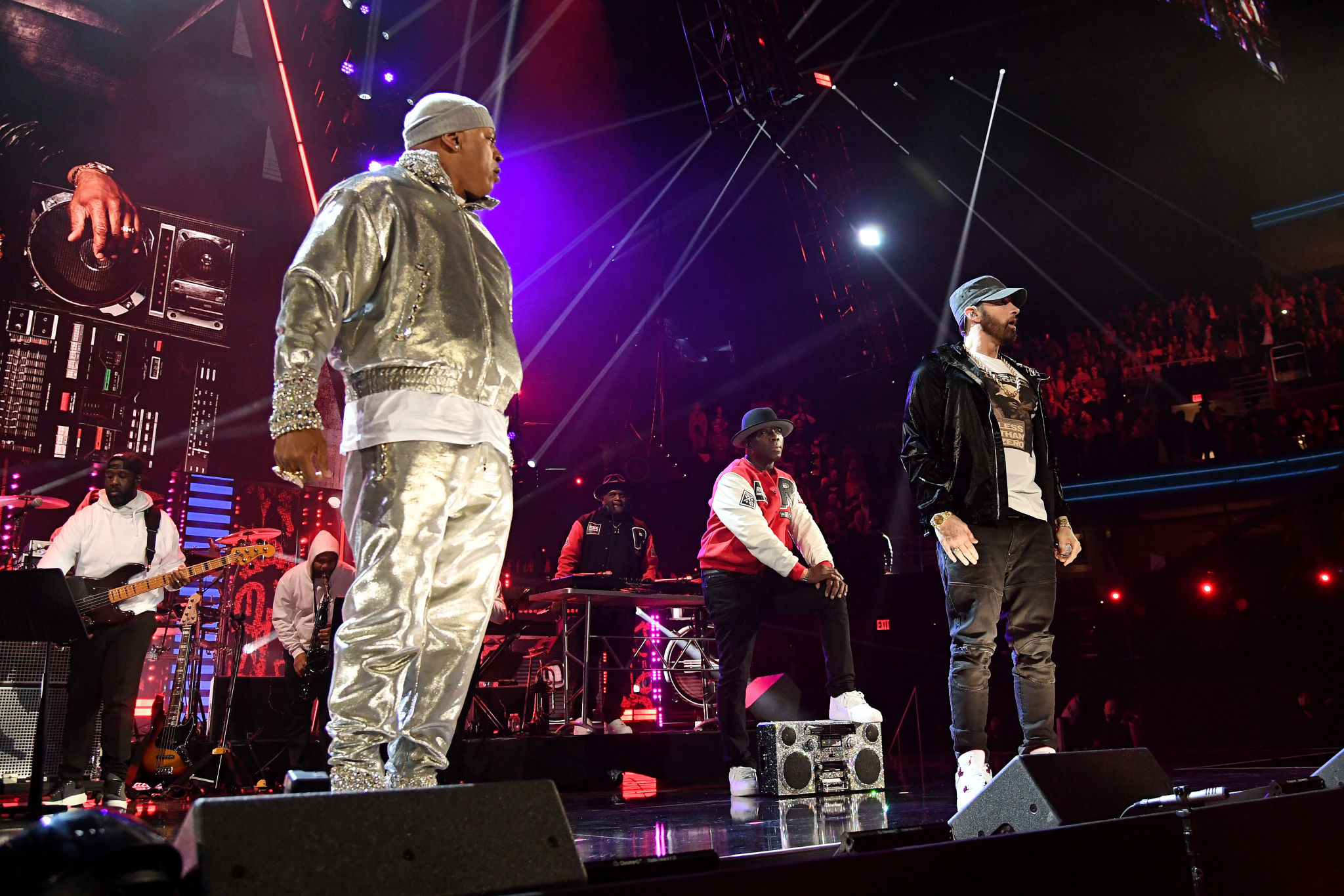 CLEVELAND, OHIO - OCTOBER 30: LL Cool J and Eminem perform onstage during the 36th Annual Rock & Roll Hall Of Fame Induction Ceremony at Rocket Mortgage Fieldhouse on October 30, 2021 in Cleveland, Ohio. (Photo by Kevin Mazur/Getty Images for The Rock and Roll Hall of Fame )