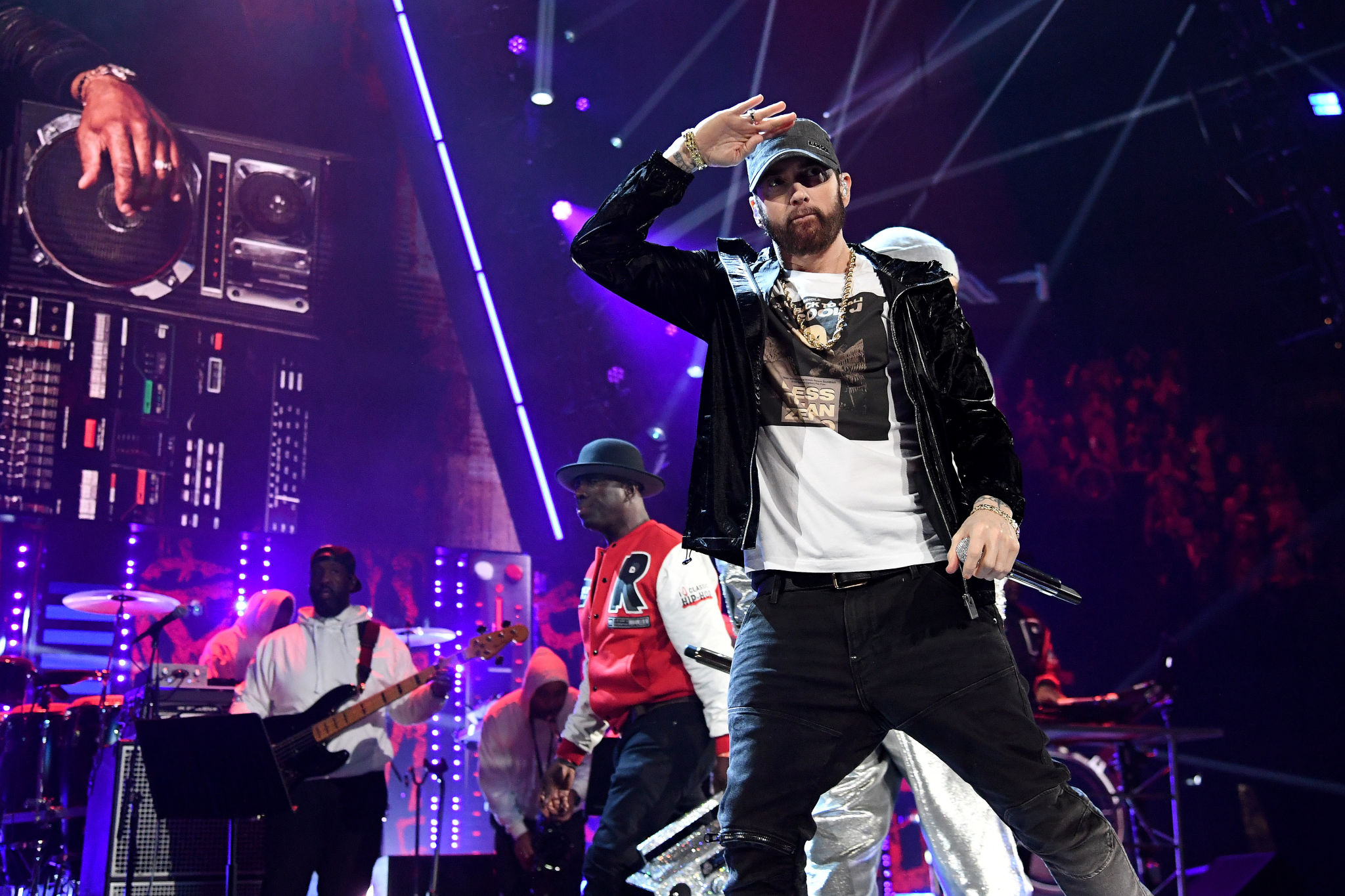 CLEVELAND, OHIO - OCTOBER 30: Eminem performs onstage during the 36th Annual Rock & Roll Hall Of Fame Induction Ceremony at Rocket Mortgage Fieldhouse on October 30, 2021 in Cleveland, Ohio. (Photo by Kevin Mazur/Getty Images for The Rock and Roll Hall of Fame )
