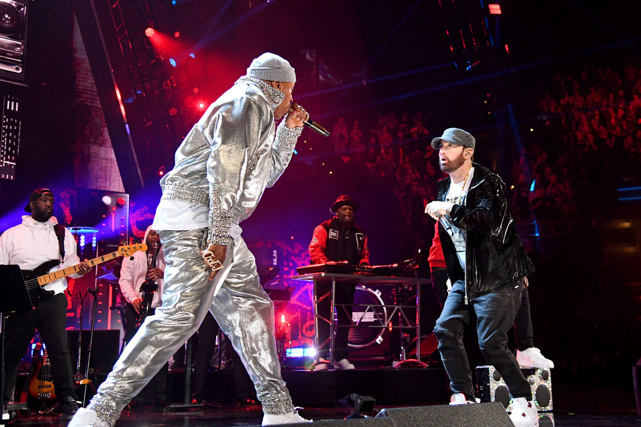 CLEVELAND, OHIO - OCTOBER 30: LL Cool J and Eminem performs onstage during the 36th Annual Rock & Roll Hall Of Fame Induction Ceremony at Rocket Mortgage Fieldhouse on October 30, 2021 in Cleveland, Ohio. (Photo by Kevin Mazur/Getty Images for The Rock and Roll Hall of Fame )