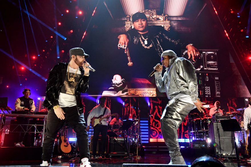 CLEVELAND, OHIO - OCTOBER 30: Eminem and LL Cool J perform onstage during the 36th Annual Rock & Roll Hall Of Fame Induction Ceremony at Rocket Mortgage Fieldhouse on October 30, 2021 in Cleveland, Ohio. (Photo by Kevin Mazur/Getty Images for The Rock and Roll Hall of Fame )