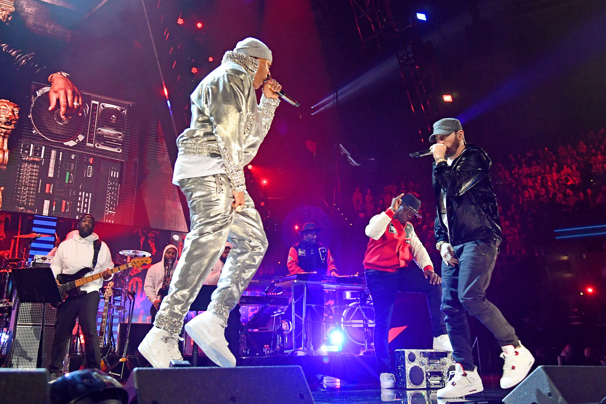 CLEVELAND, OHIO - OCTOBER 30: LL Cool J and Eminem performs onstage during the 36th Annual Rock & Roll Hall Of Fame Induction Ceremony at Rocket Mortgage Fieldhouse on October 30, 2021 in Cleveland, Ohio. (Photo by Kevin Mazur/Getty Images for The Rock and Roll Hall of Fame )