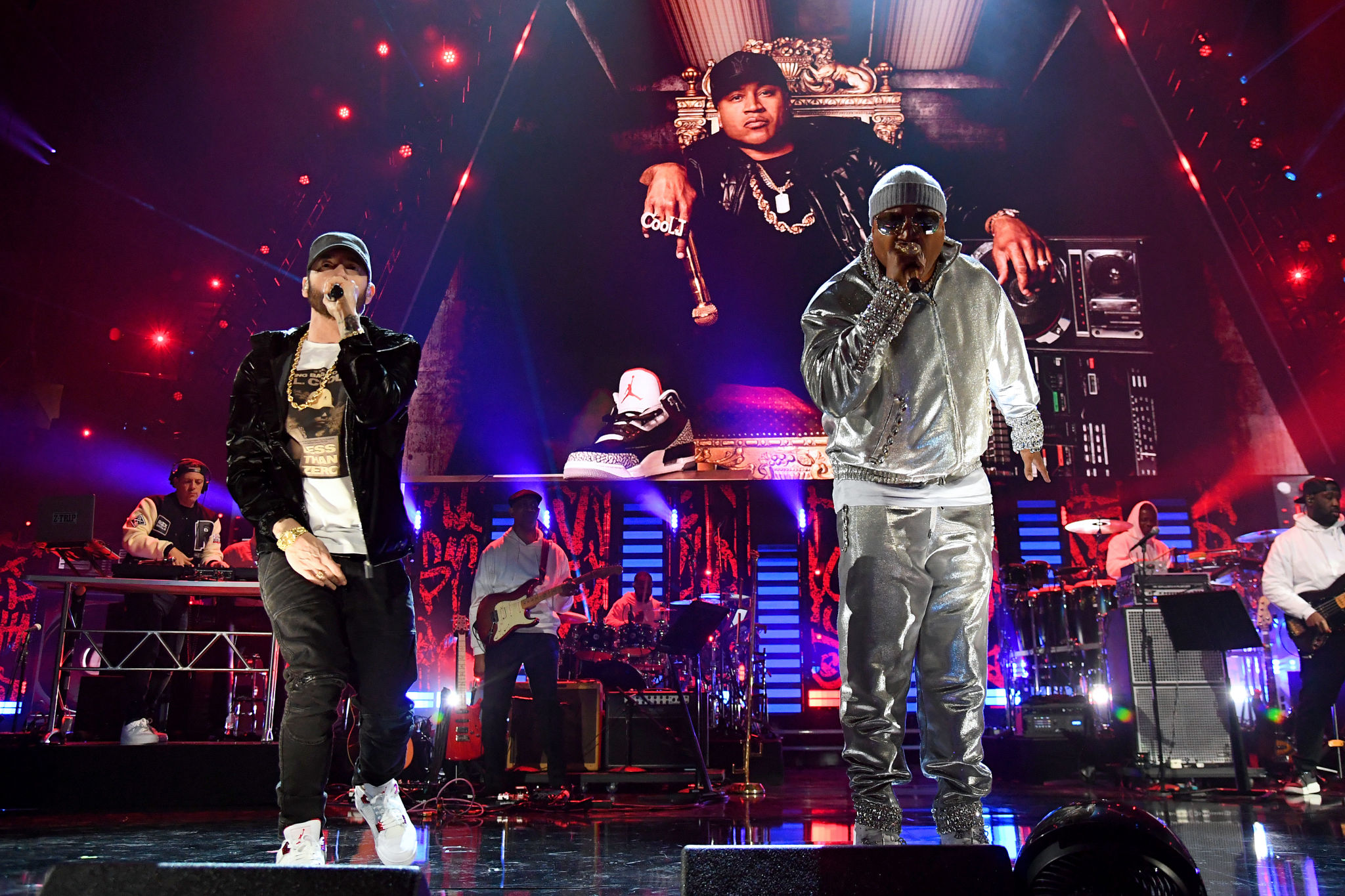 CLEVELAND, OHIO - OCTOBER 30: Eminem and LL Cool J perform onstage during the 36th Annual Rock & Roll Hall Of Fame Induction Ceremony at Rocket Mortgage Fieldhouse on October 30, 2021 in Cleveland, Ohio. (Photo by Kevin Mazur/Getty Images for The Rock and Roll Hall of Fame )