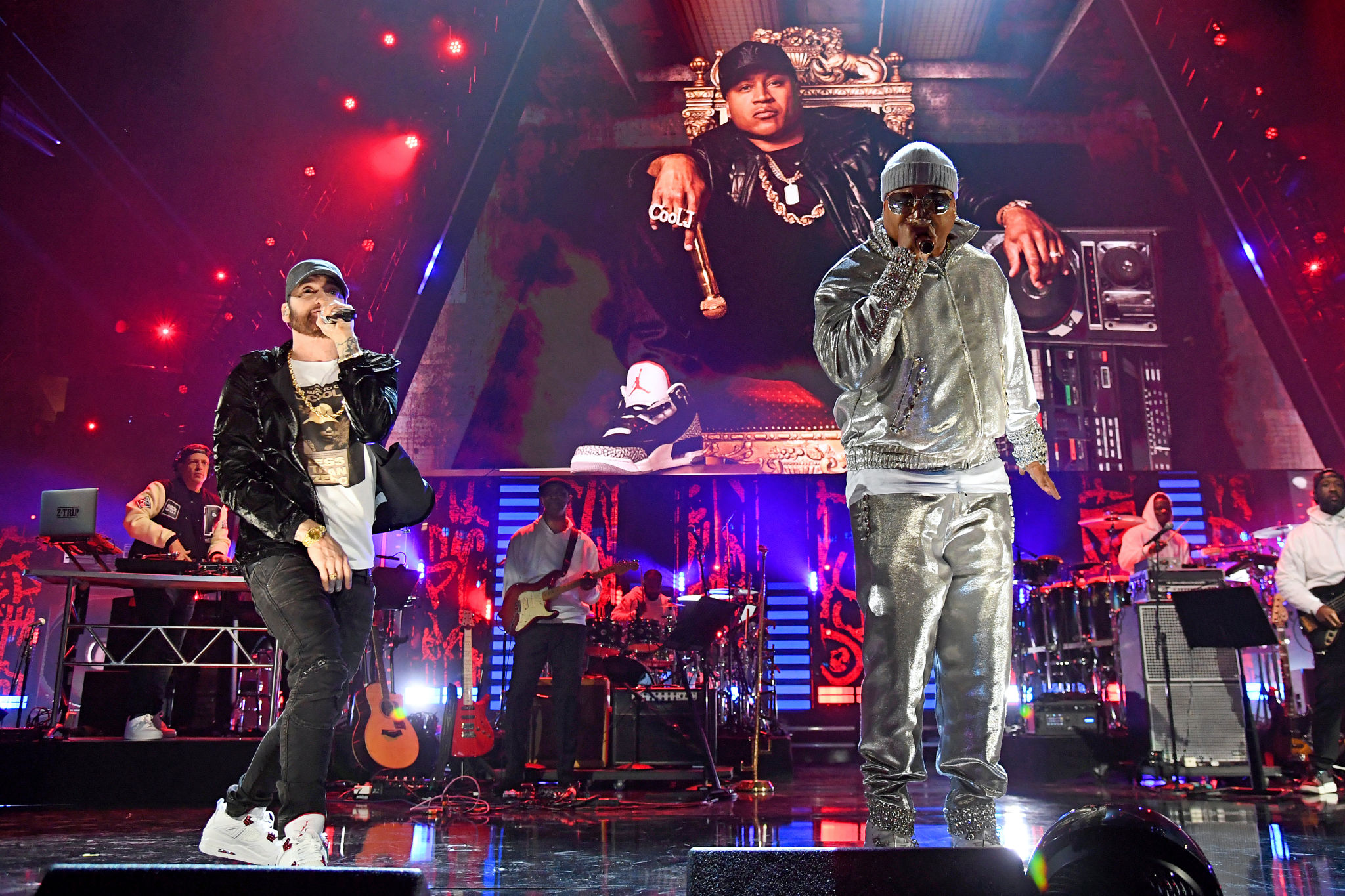 CLEVELAND, OHIO - OCTOBER 30: Eminem and LL Cool J perform onstage during the 36th Annual Rock & Roll Hall Of Fame Induction Ceremony at Rocket Mortgage Fieldhouse on October 30, 2021 in Cleveland, Ohio. (Photo by Kevin Mazur/Getty Images for The Rock and Roll Hall of Fame )