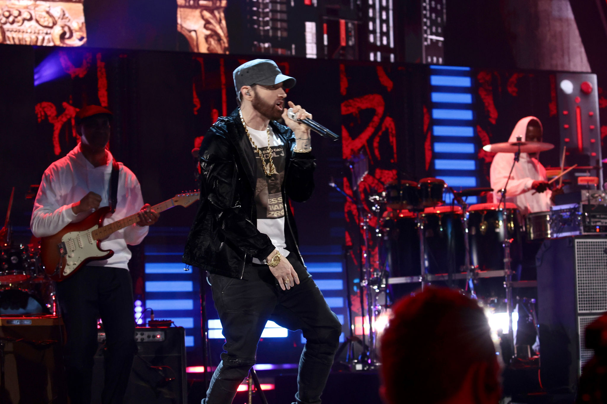 CLEVELAND, OHIO - OCTOBER 30: Eminem performs onstage during the 36th Annual Rock & Roll Hall Of Fame Induction Ceremony at Rocket Mortgage Fieldhouse on October 30, 2021 in Cleveland, Ohio. (Photo by Dimitrios Kambouris/Getty Images for The Rock and Roll Hall of Fame )