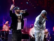 CLEVELAND, OHIO – OCTOBER 30: Eminem and LL Cool J perform onstage during the 36th Annual Rock & Roll Hall Of Fame Induction Ceremony at Rocket Mortgage Fieldhouse on October 30, 2021 in Cleveland, Ohio. (Photo by Dimitrios Kambouris/Getty Images for The Rock and Roll Hall of Fame )