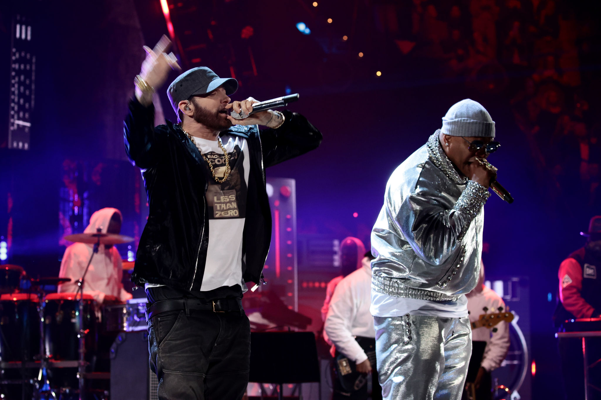 CLEVELAND, OHIO - OCTOBER 30: Eminem and LL Cool J perform onstage during the 36th Annual Rock & Roll Hall Of Fame Induction Ceremony at Rocket Mortgage Fieldhouse on October 30, 2021 in Cleveland, Ohio. (Photo by Dimitrios Kambouris/Getty Images for The Rock and Roll Hall of Fame )