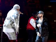 CLEVELAND, OHIO – OCTOBER 30: LL Cool J and Eminem perform onstage during the 36th Annual Rock & Roll Hall Of Fame Induction Ceremony at Rocket Mortgage Fieldhouse on October 30, 2021 in Cleveland, Ohio. (Photo by Dimitrios Kambouris/Getty Images for The Rock and Roll Hall of Fame )
