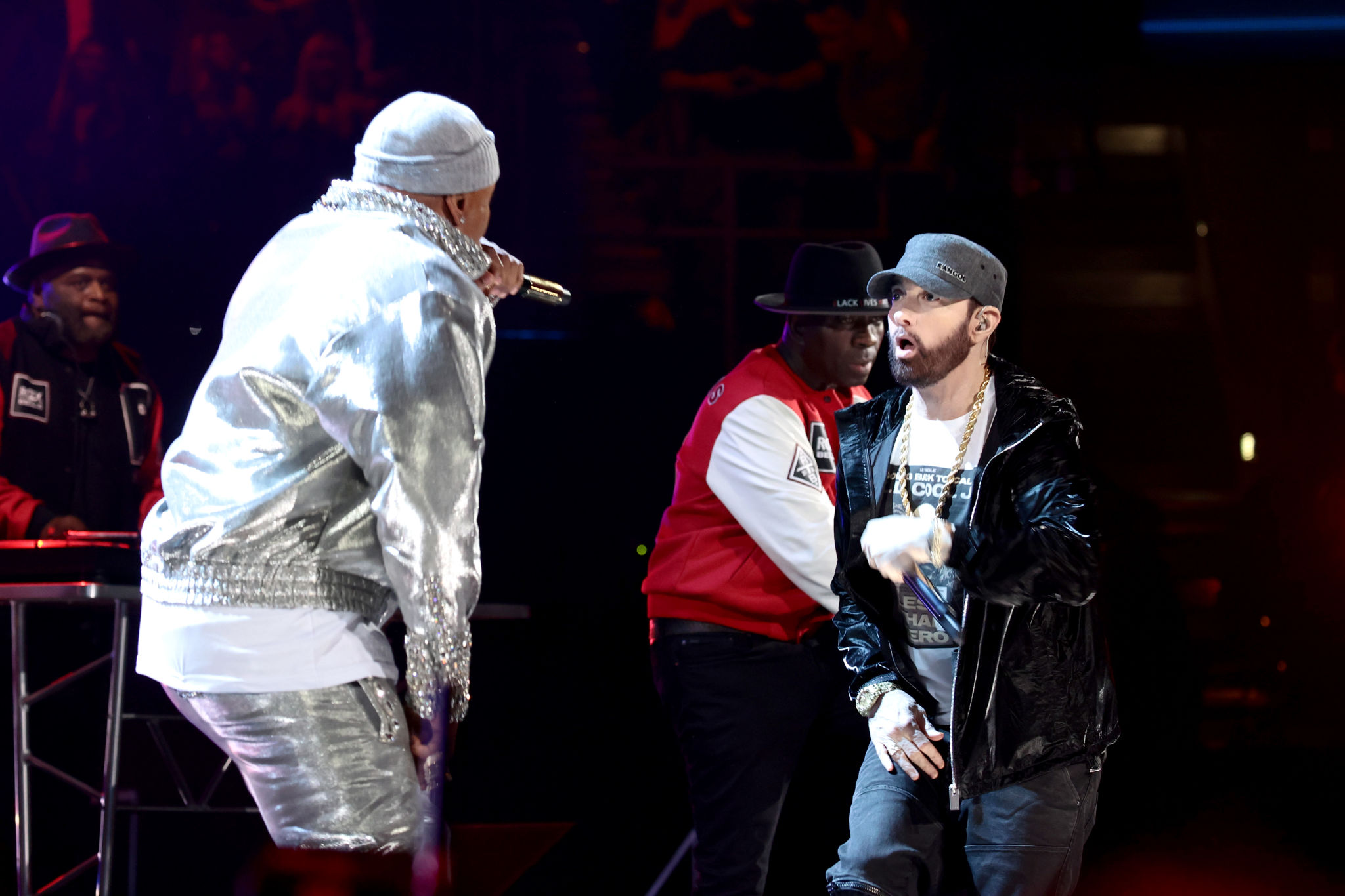 CLEVELAND, OHIO - OCTOBER 30: LL Cool J and Eminem perform onstage during the 36th Annual Rock & Roll Hall Of Fame Induction Ceremony at Rocket Mortgage Fieldhouse on October 30, 2021 in Cleveland, Ohio. (Photo by Dimitrios Kambouris/Getty Images for The Rock and Roll Hall of Fame )