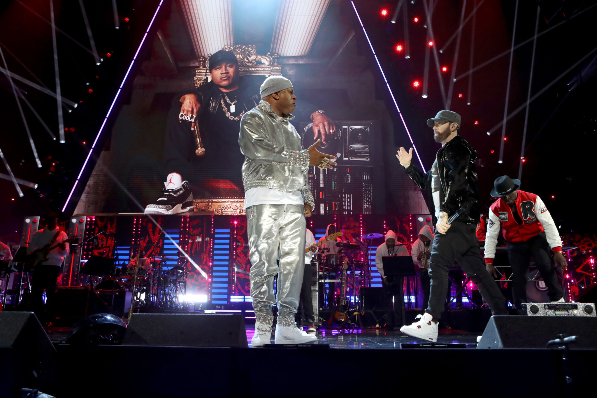 CLEVELAND, OHIO - OCTOBER 30: LL Cool J and Eminem perform onstage during the 36th Annual Rock & Roll Hall Of Fame Induction Ceremony at Rocket Mortgage Fieldhouse on October 30, 2021 in Cleveland, Ohio. (Photo by Kevin Kane/Getty Images for The Rock and Roll Hall of Fame )