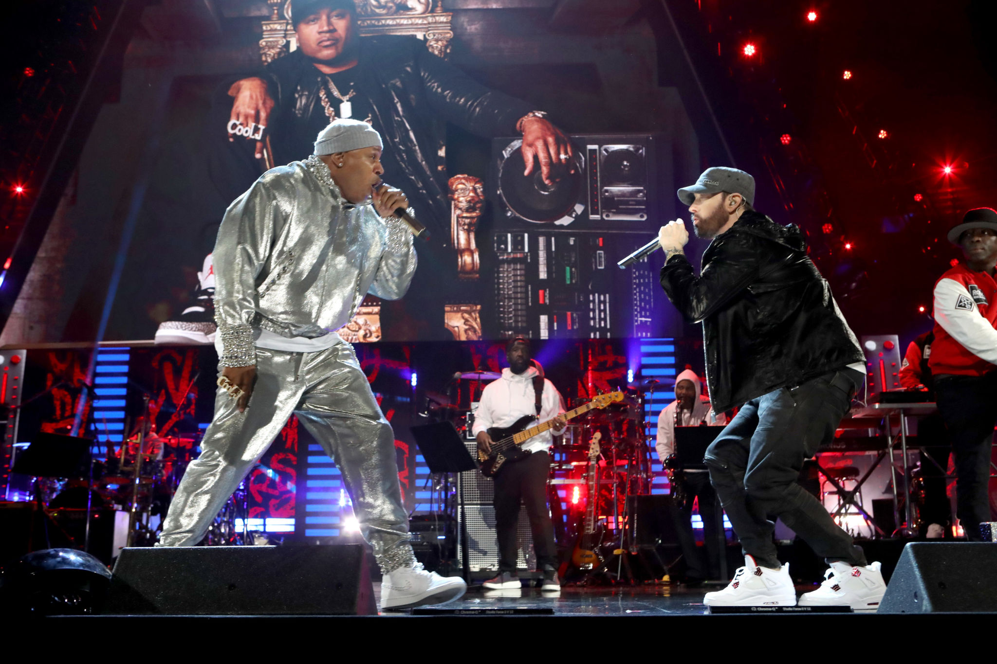 CLEVELAND, OHIO - OCTOBER 30: LL Cool J and Eminem perform onstage during the 36th Annual Rock & Roll Hall Of Fame Induction Ceremony at Rocket Mortgage Fieldhouse on October 30, 2021 in Cleveland, Ohio. (Photo by Kevin Kane/Getty Images for The Rock and Roll Hall of Fame )