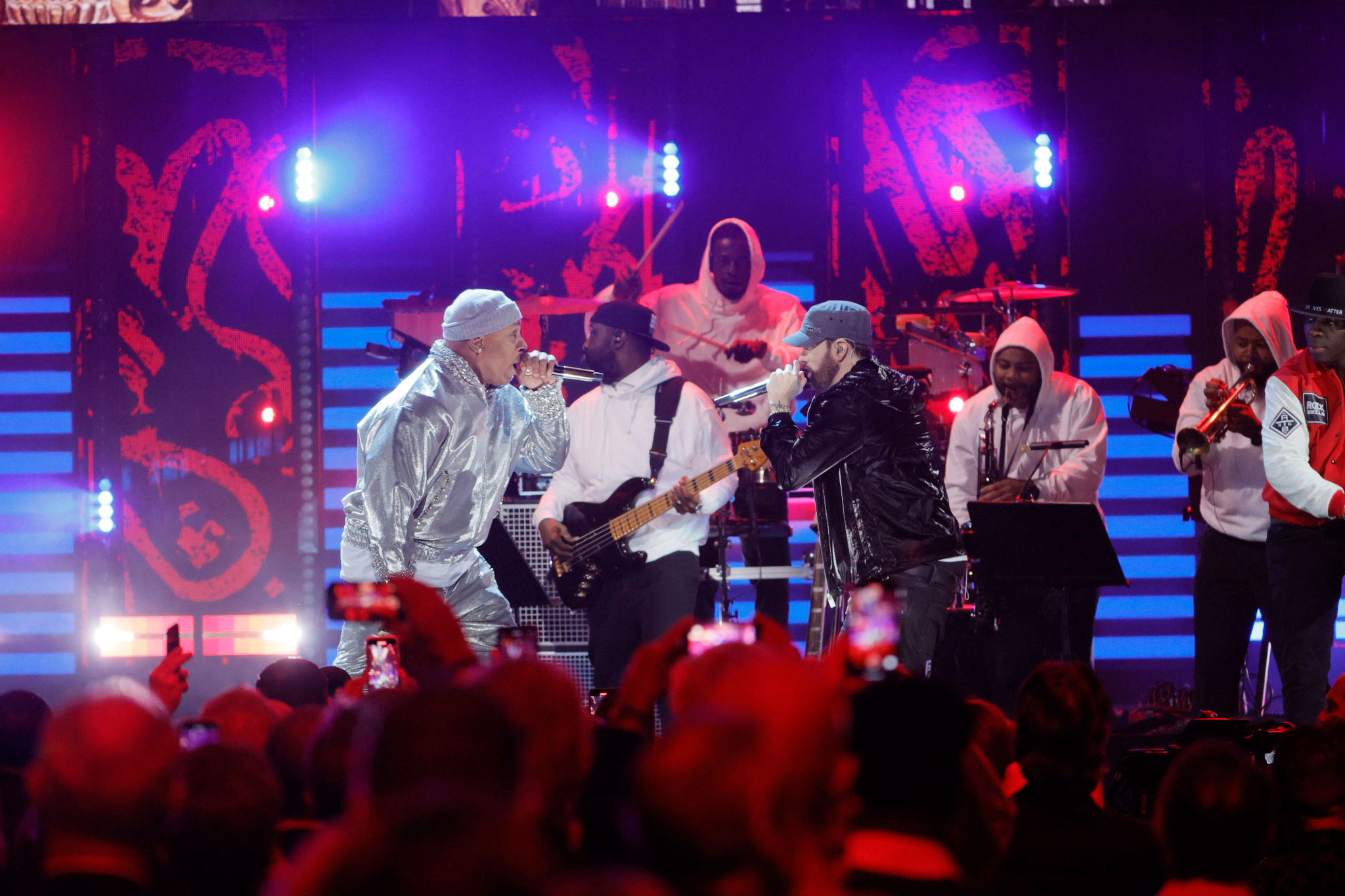 CLEVELAND, OHIO - OCTOBER 30: LL Cool J (L) and Eminem perform onstage during the 36th Annual Rock & Roll Hall Of Fame Induction Ceremony at Rocket Mortgage Fieldhouse on October 30, 2021 in Cleveland, Ohio. (Photo by Michael Loccisano/Getty Images for The Rock and Roll Hall of Fame )