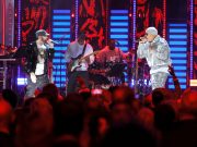 CLEVELAND, OHIO – OCTOBER 30: Eminem (L) and LL Cool J perform onstage during the 36th Annual Rock & Roll Hall Of Fame Induction Ceremony at Rocket Mortgage Fieldhouse on October 30, 2021 in Cleveland, Ohio. (Photo by Michael Loccisano/Getty Images for The Rock and Roll Hall of Fame )