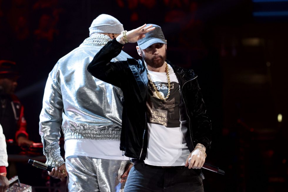 CLEVELAND, OHIO - OCTOBER 30: Eminem performs onstage during the 36th Annual Rock & Roll Hall Of Fame Induction Ceremony at Rocket Mortgage Fieldhouse on October 30, 2021 in Cleveland, Ohio. (Photo by Dimitrios Kambouris/Getty Images for The Rock and Roll Hall of Fame )