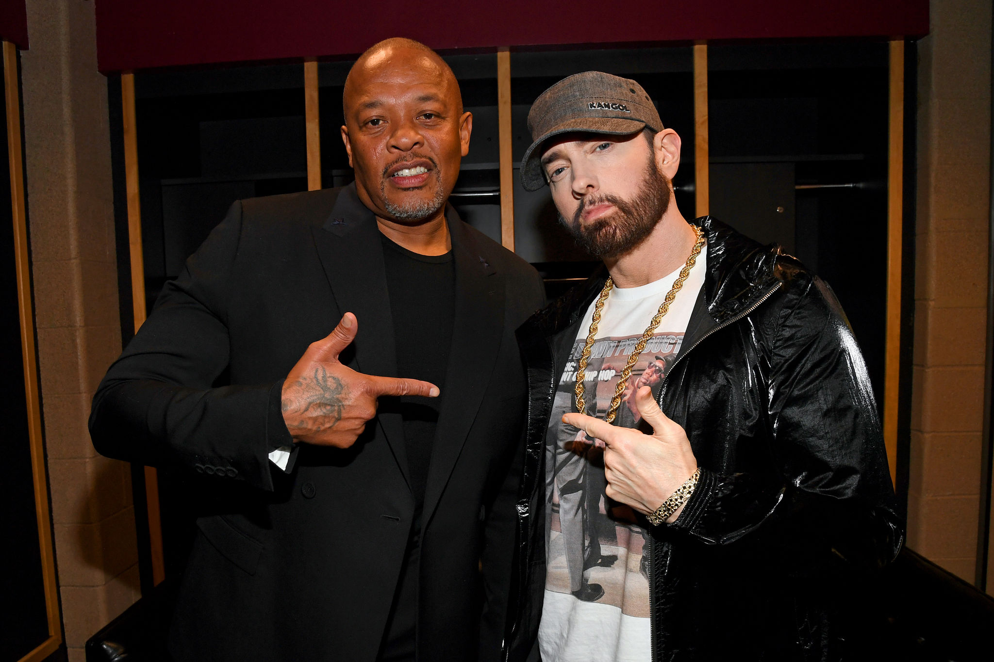 CLEVELAND, OHIO - OCTOBER 30: Dr. Dre and Eminem pose backstage during the 36th Annual Rock & Roll Hall Of Fame Induction Ceremony at Rocket Mortgage Fieldhouse on October 30, 2021 in Cleveland, Ohio. (Photo by Kevin Mazur/Getty Images for The Rock and Roll Hall of Fame )