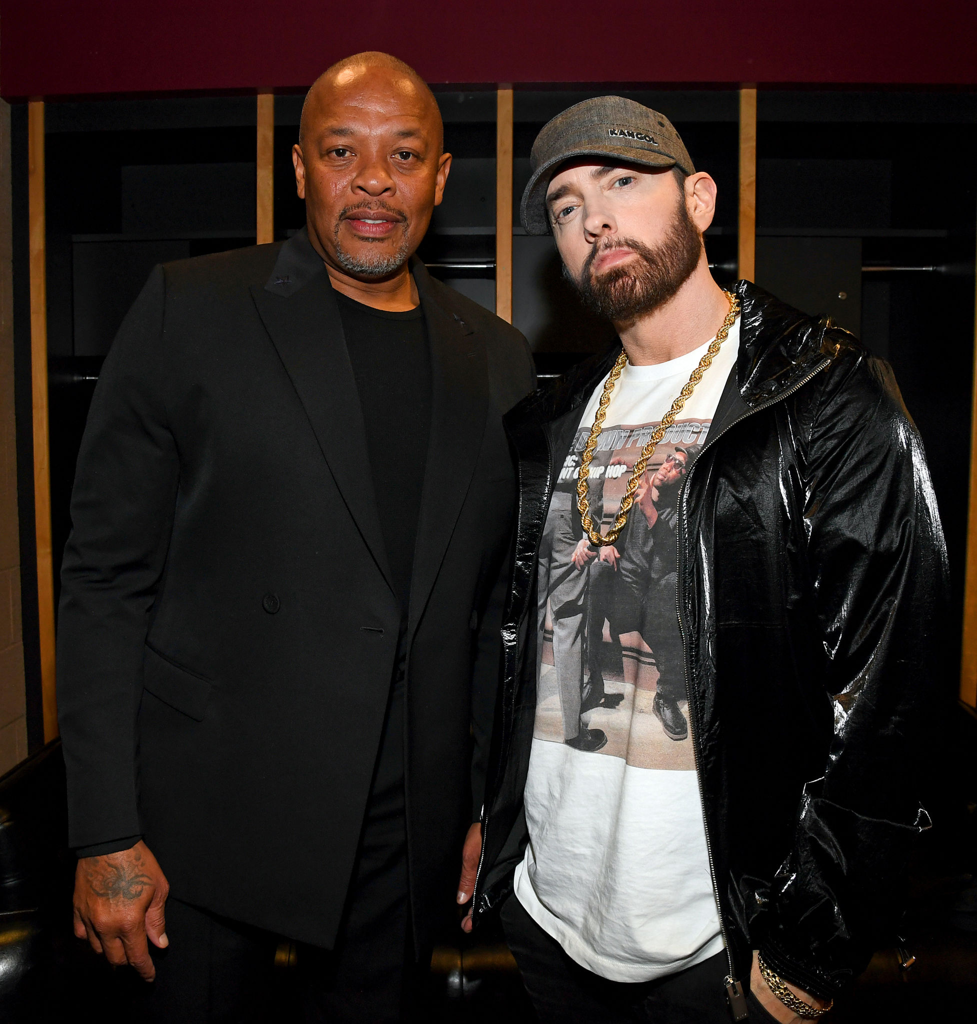 CLEVELAND, OHIO - OCTOBER 30: Dr. Dre and Eminem pose backstage during the 36th Annual Rock & Roll Hall Of Fame Induction Ceremony at Rocket Mortgage Fieldhouse on October 30, 2021 in Cleveland, Ohio. (Photo by Kevin Mazur/Getty Images for The Rock and Roll Hall of Fame )