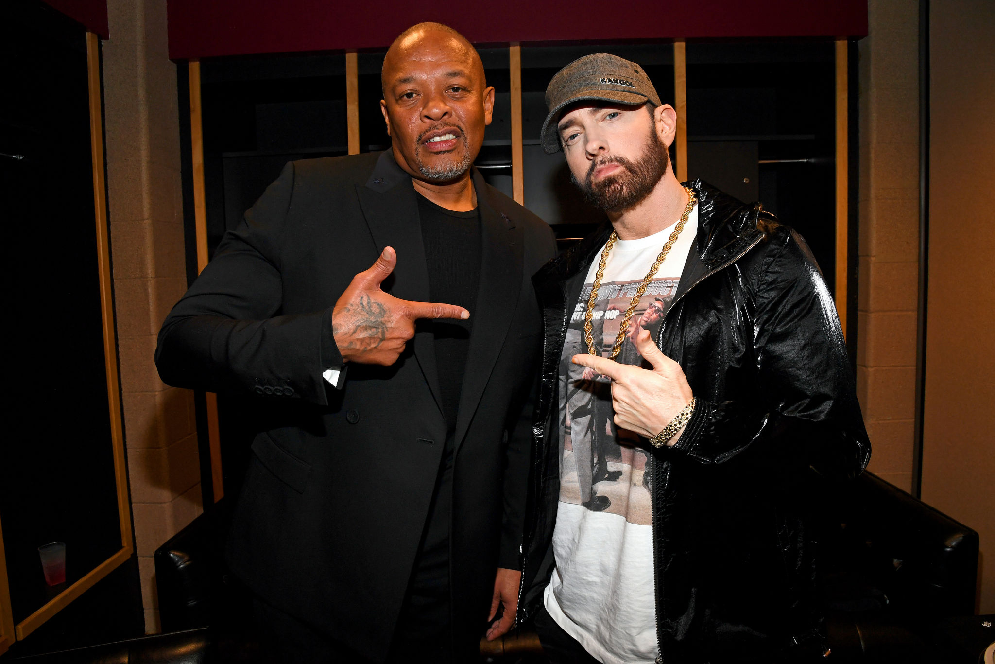 CLEVELAND, OHIO - OCTOBER 30: Dr. Dre and Eminem pose backstage during the 36th Annual Rock & Roll Hall Of Fame Induction Ceremony at Rocket Mortgage Fieldhouse on October 30, 2021 in Cleveland, Ohio. (Photo by Kevin Mazur/Getty Images for The Rock and Roll Hall of Fame )