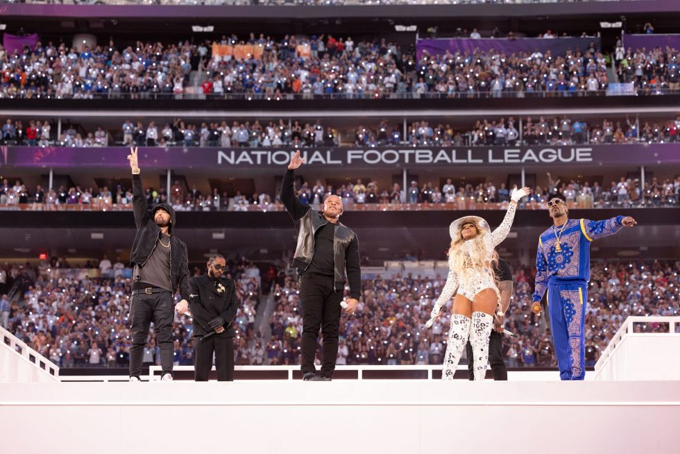 Dr. Dre Kendrick Lamar Eminem, Super Bowl 2022. Photo by Jeremy Deputat