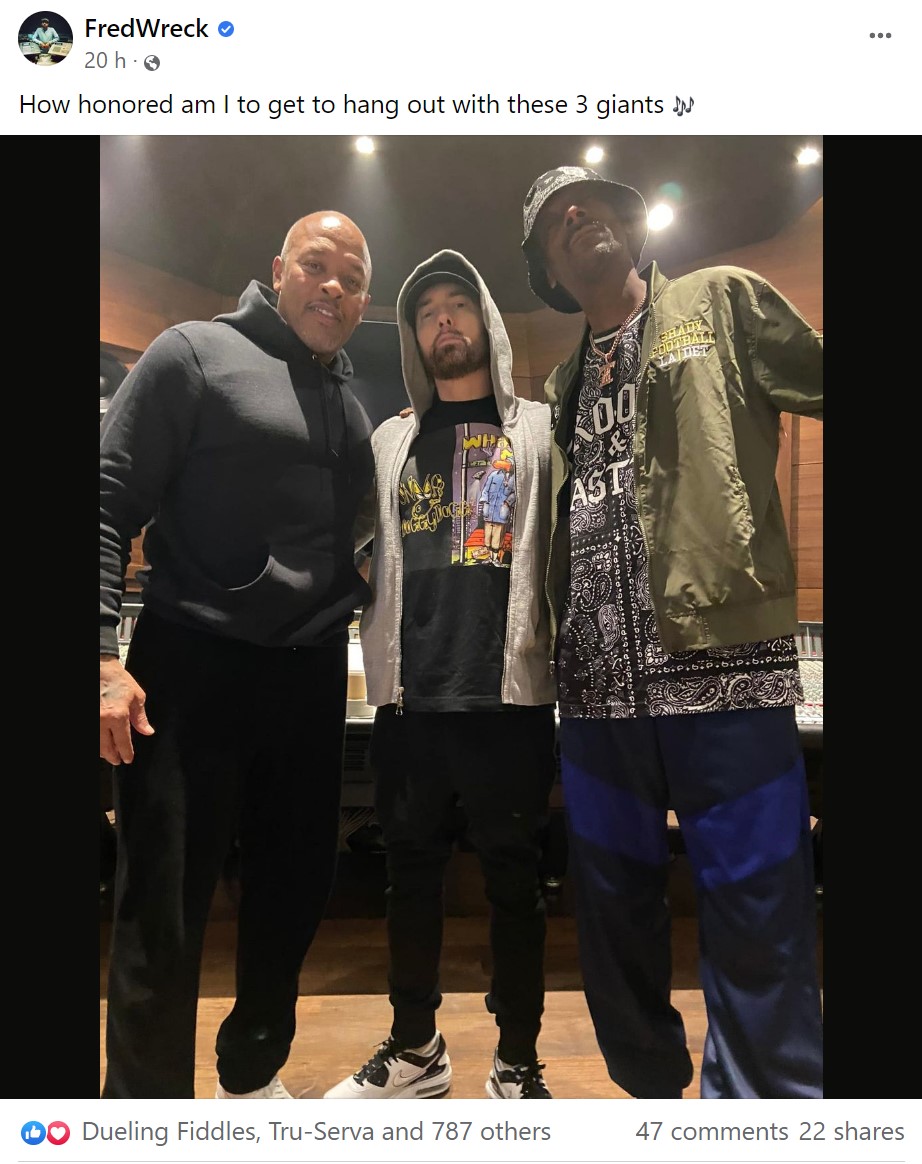 Eminem, Dr. Dre and Snoop Dogg Recording Studio Pic Sparks