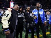 Barry Sanders, Eminem, Big Sean, Calvin Jonson. Lions vs. Rams game Detroit 01.14.2024