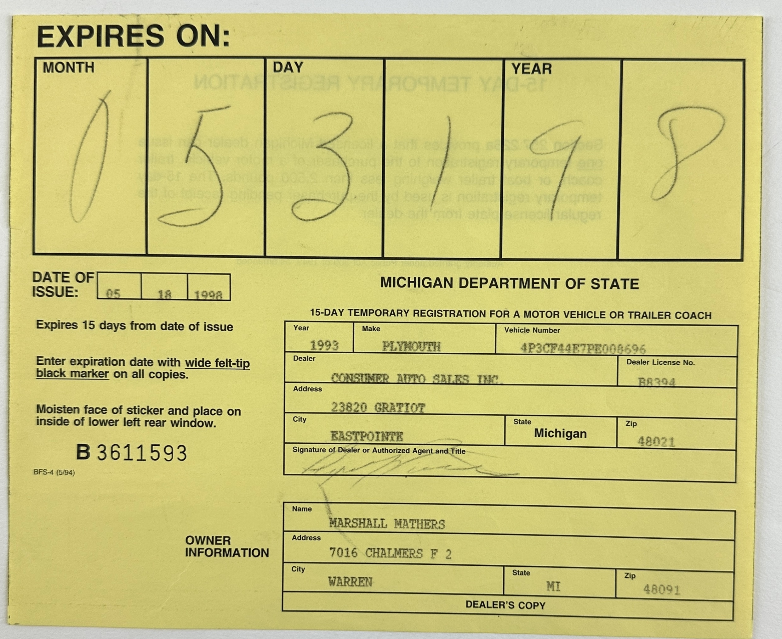The Amazing Music Auction Is Selling Eminem-Signed 1998 Car Purchase Documents