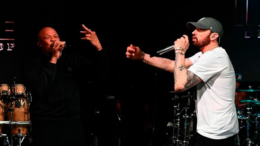 Eminem performs “Houdini” and “Forgot About Dre” with Dr. Dre at Gin & Juice Party in London.