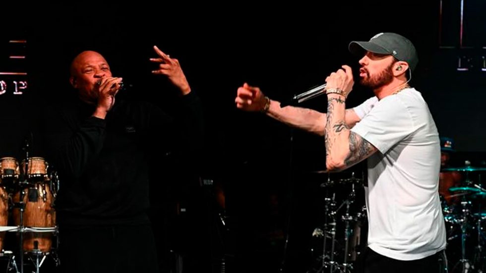 Eminem performs “Houdini” and “Forgot About Dre” with Dr. Dre at Gin & Juice Party in London.