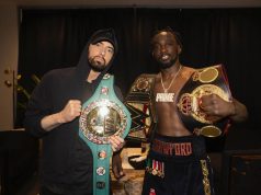 Photo of the Day: Eminem and Terence Crawford After Him Winning the World Junior Middleweight Championship Eminem and Terence Crawford, Los Angeles at the Crawford vs. Madrimov Boxing Match, BMO Stadium, 08.03.2024, photo by Jeremy Deputat