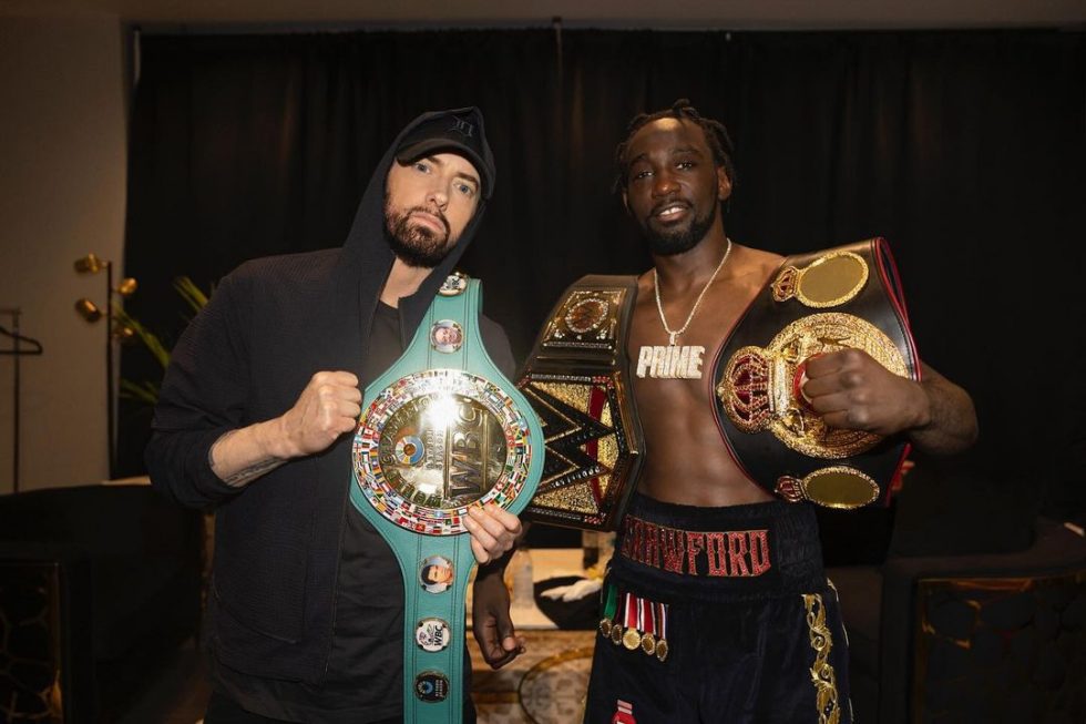 Eminem and Terence Crawford, Los Angeles at the Crawford vs. Madrimov Boxing Match, BMO Stadium, 08.03.2024, photo by Jeremy Deputat