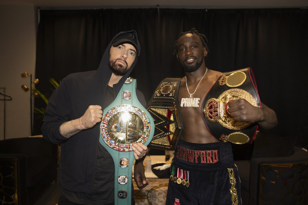 Eminem and Terence Crawford, Los Angeles at the Crawford vs. Madrimov Boxing Match, BMO Stadium, 08.03.2024, photo by Jeremy Deputat