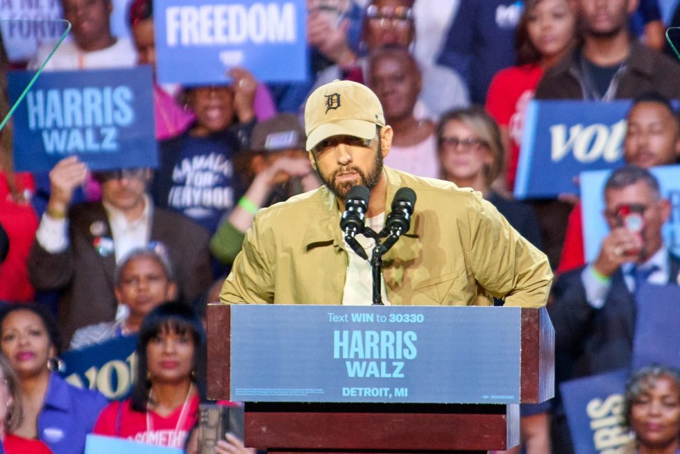 Eminem Urges Detroit to Vote as He Introduces Obama at Harris Rally