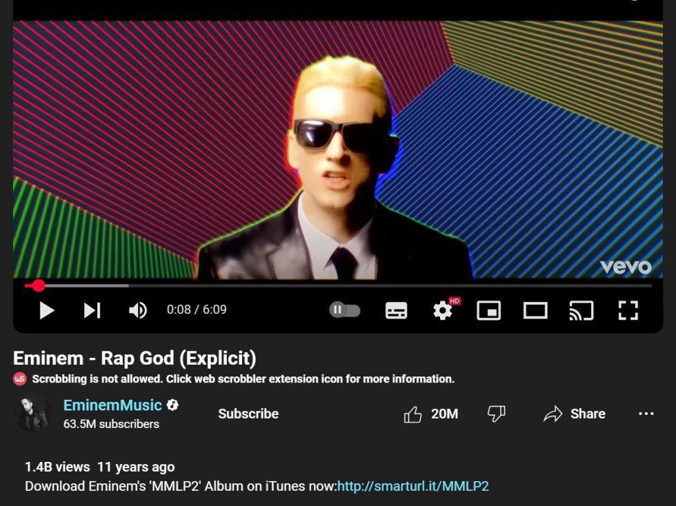 Emes Rapper Eminem — “Rap God”: First Solo Rap Video to Hit 20 Million Likes